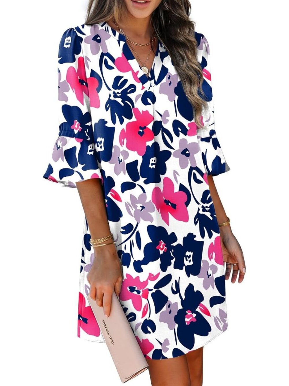 〽️Women's Rose Blue Floral V Neck Shift Dress Ruffle Sleeve Pocket Sundress